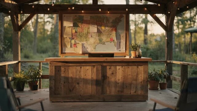 Cozy covered porch campground office prominently showing the wooden reception desk and map board with the surrounding nature out of focus.