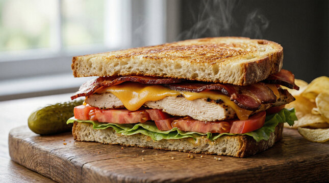 Grilled chicken bacon sandwich with melted cheese rests beside chips and a pickle spear.