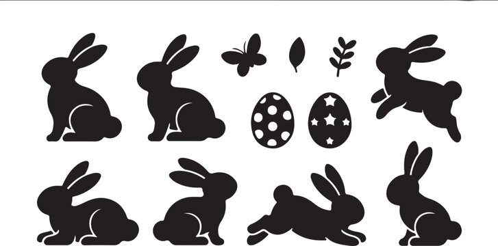 Diverse Easter Bunny Silhouettes with Decorated Eggs and Spring Nature Elements for Holidays