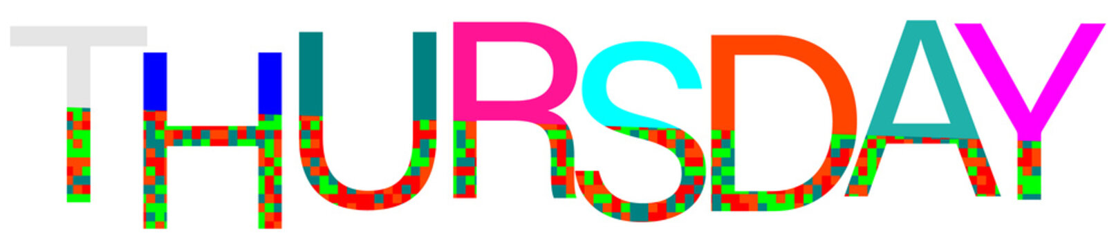 Colorful and abstract Thursday text with pixelated fill isolated on transparent background