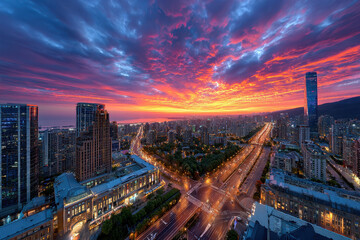 Obraz premium Fiery Sunset over a Bustling Cityscape