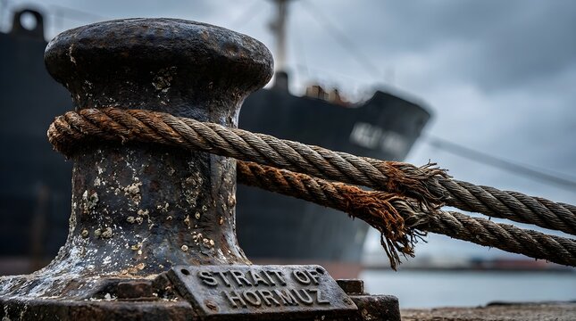 Close-up of Frayed Mooring Rope under Tension in the Strait of Hormuz, Global Supply Chain Crisis Concept