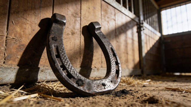 Old metal horseshoe on ground.