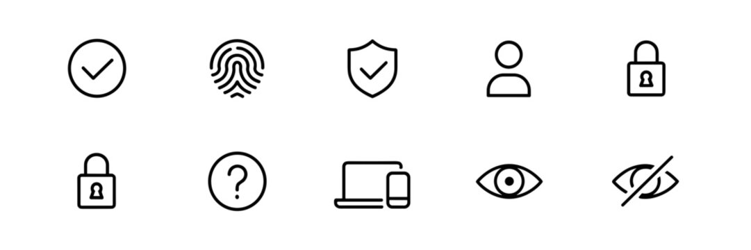 Security and User Interface Icons Set &ndash; Privacy, Login, Fingerprint and Protection Symbols Vector