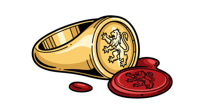 Golden signet ring with lion emblem and red wax seal on white background