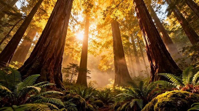 Sunlit forest with tall trees and ferns