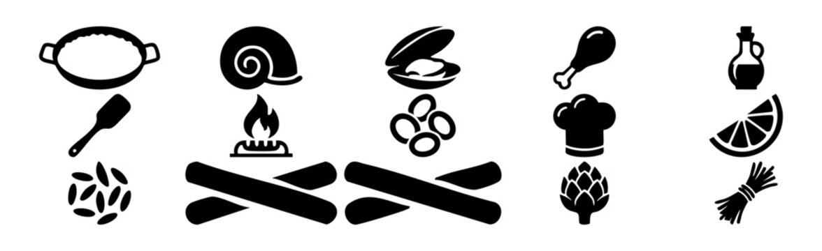 National Spanish Paella Day Icon Set in Blake Color  Flat Vector Illustration on Transparent Background