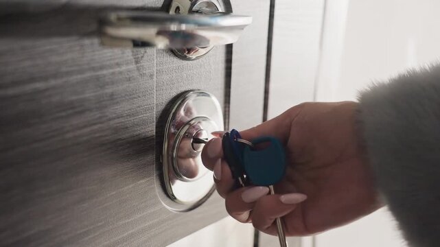 Door unlocking process. Person turns key in contemporary door. Closeup of hand operating key in modern entryway door. Intimate scene of hand turning key in sleek modern door during arrival