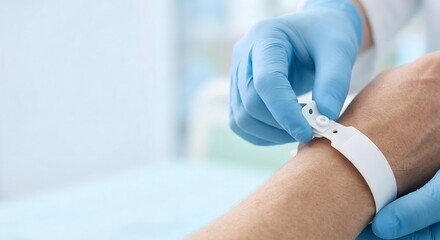 Obraz premium Healthcare professional's hands in blue gloves securing an identification wristband on a patient's arm