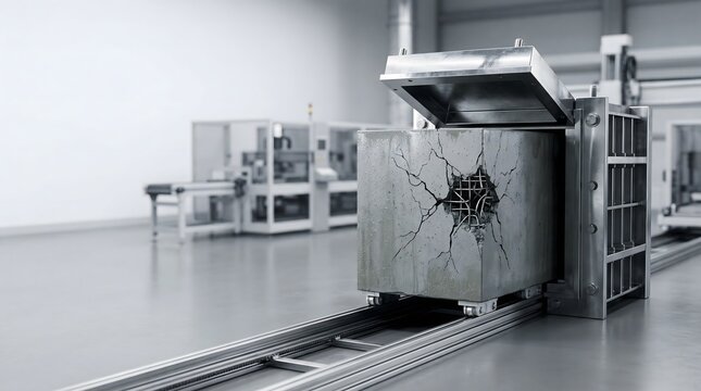 Concrete block with impact crack and rebar in industrial testing laboratory, strength test and quality control concept