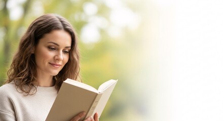Fototapeta premium Happy serene young woman enjoying reading a book outdoors in nature during sunny day, with copy space
