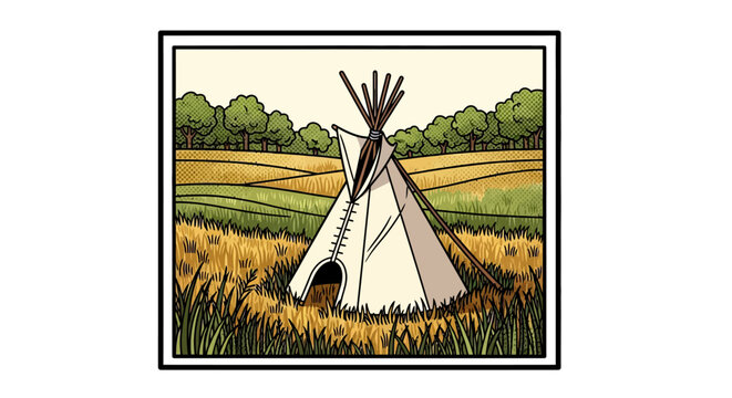 Traditional teepee in countryside landscape with fields and trees