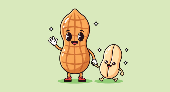 Cute Peanut Cartoon Character Waving Hand and Holding Little Peanut Hand.