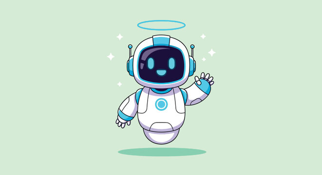 Cute Robot Angel Waving Hello Illustration.