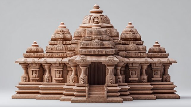 Detailed miniature model of multi-shikhara Nagara style Hindu temple complex carved from warm sandstone, featuring clustered curved towers, ornate entrance and tiered base on neutral gray background.
