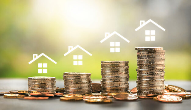 Rising coin stacks with houses property growth