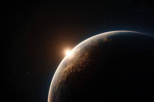 Planetary Dawn With Surface Details. Morning Glow On Habitable Exoplanet With Textured Surface Features