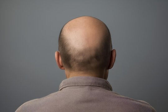 Man's head showing male pattern baldness, facing away on a gray background