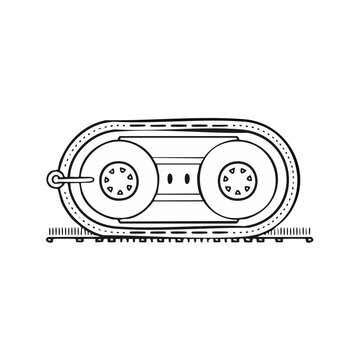 Hand-drawn illustration of a tractor tread with wheels and a tow hook