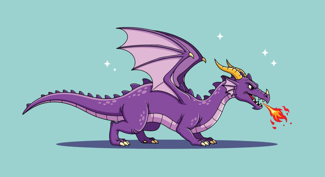 Purple Dragon Breathing Fire Vector.