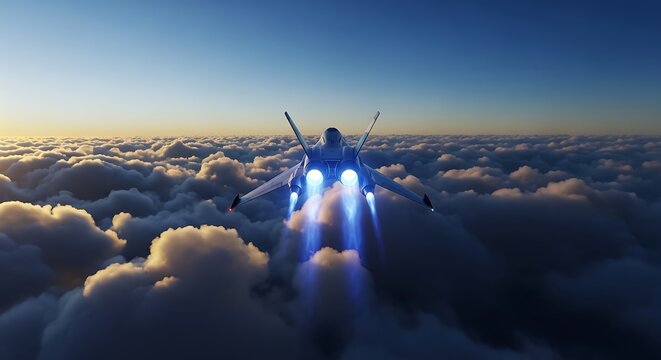 Astronaut soaring above earth&rsquo;s clouds with a jetpack during sunset