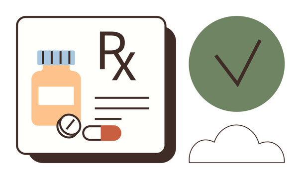 Healthcare, medication management, prescription approval, pharmaceutical services, patient safety, drug compliance. Pill bottle, capsules and checkmark icon. Healthcare and medication management