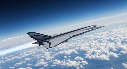 Obraz premium Advanced aircraft soaring through a clear blue sky with scattered clouds beneath it
