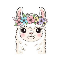 Fototapeta premium Adorable llama with floral crown isolated on transparent background