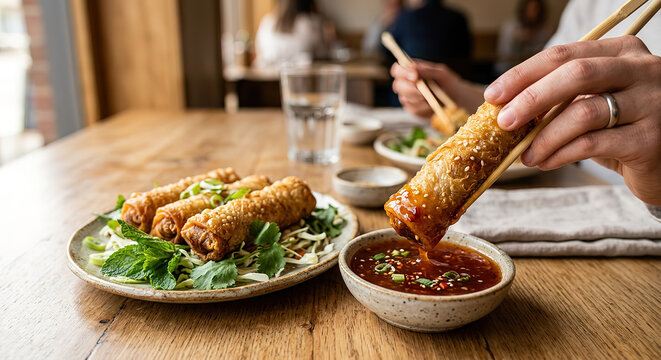 Dipping a crispy fried spring roll into a spicy chili sauce, a delightful appetizer