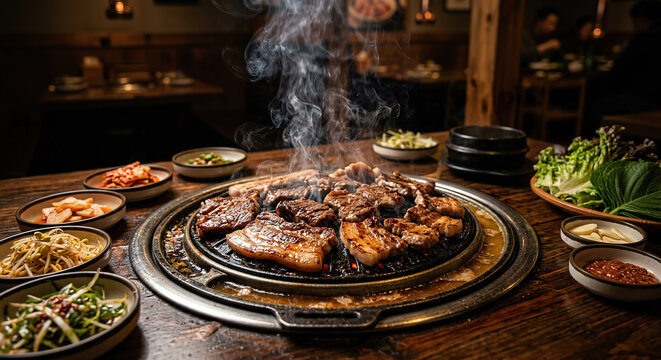 Delicious Korean BBQ Grill with Steaming Meat and Various Side Dishes