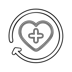 Fototapeta premium Outline heart symbol with medical cross inside a circular arrow icon