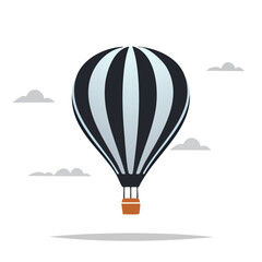 Naklejka premium Striped hot air balloon floats serenely among soft gray clouds in a clear sky