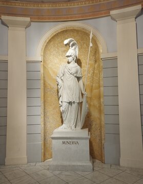 Minerva &mdash; the Roman goddess of wisdom, strategy, and war, Classical Marble Statue in Museum Interior Sculpture Ancient Art Architecture