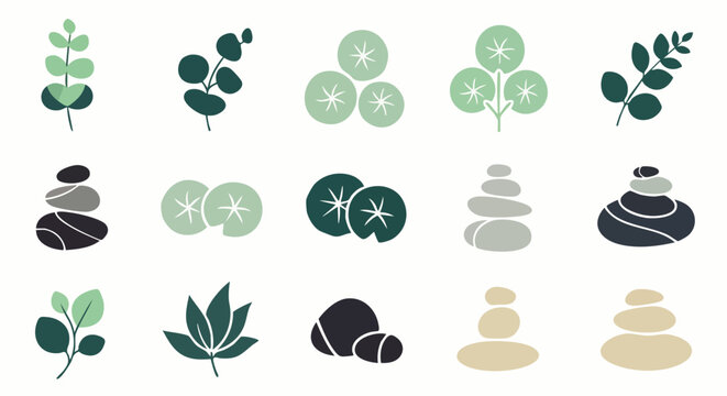 Collection of Zen spa icons including stacked stones, eucalyptus leaves, and water lilies for wellness and meditation themes