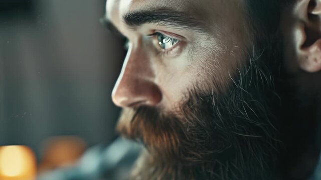 Serious bearded man with intense gaze looking upwards. Close-up portrait of movie character in dramatic scene.