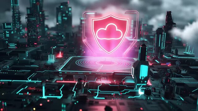 Experience a captivating city filled with glowing lights, towering structures, and digital shields representing advanced security in a stunning urban setting.