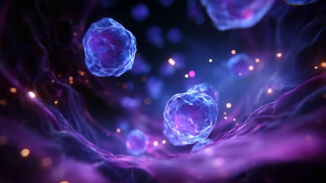 Exploring the Microscopic World: Vibrant Cells in Cosmic Purple Displaying Intricate Patterns and Dynamic Movement within a Sci-Fi Inspired Environment