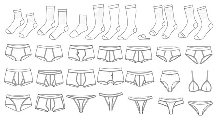 Fototapeta premium Minimalist Thin Line Vector Outlines of Socks and Underwear Set on White Background