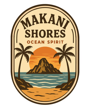 Vintage Tropical Island Badge Vector &ndash; Retro Beach Sunset with Palm Trees and Ocean Waves