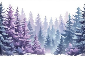 Obraz premium Pastel Fantasy Spruce Forest Border – Whimsical Lavender and Blue Seamless Woodland Illustration 