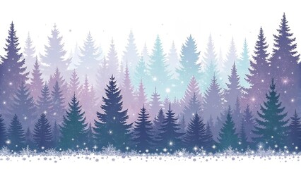 Obraz premium Pastel Fantasy Spruce Forest Border – Whimsical Lavender and Blue Seamless Woodland Illustration 