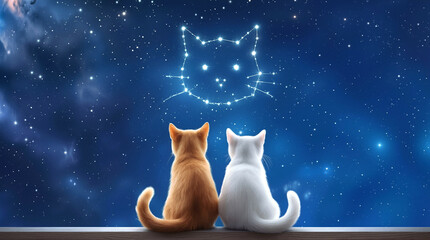 Fototapeta premium Pets sitting on ledge observing cat head constellation in night sky. Whimsical scene of ginger and white animals watching stars together.