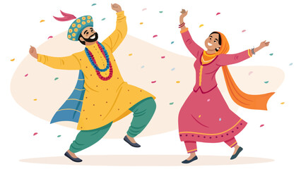 Fototapeta premium A vibrant illustration of a man and woman in traditional Indian attire dancing joyfully together with confetti