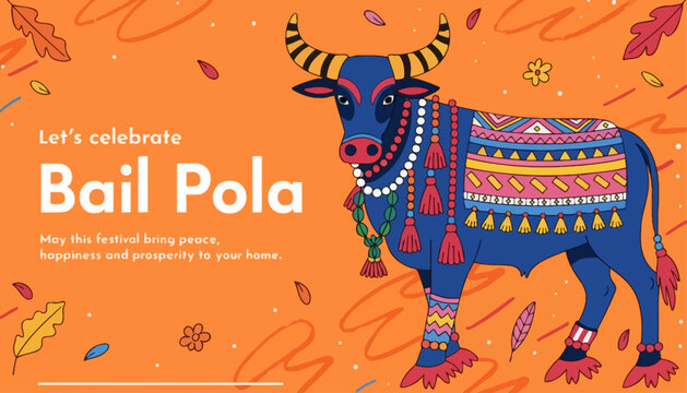 A colorful illustration of a decorated bull for the Bail Pola festival with vibrant patterns and leaves on an orange background
