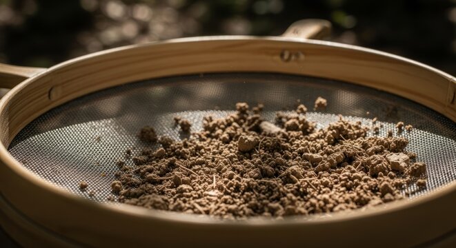 Wooden sifter with soil outdoors under sunlight