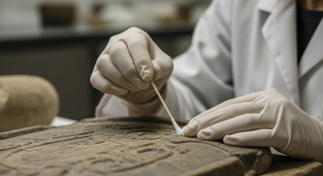 Archaeologist examining ancient stone tablet in laboratory