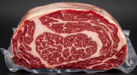 Obraz premium High-quality marbled beef steak in vacuum seal on dark background