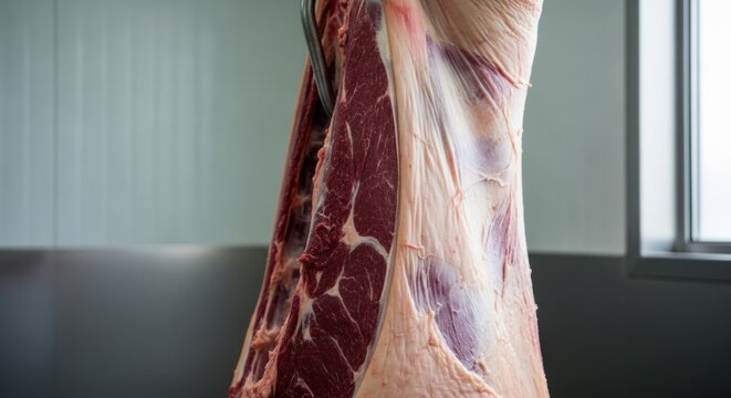 Fresh beef carcass hanging in modern butcher shop