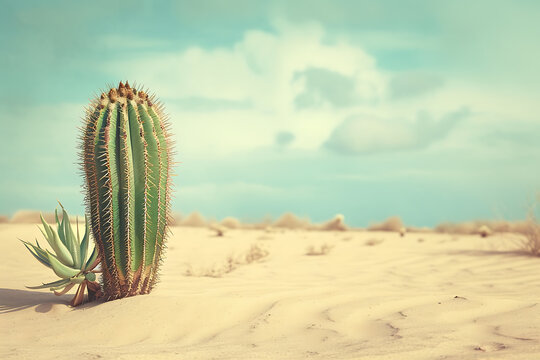 暖かな砂と広がる空が広がるサボテンの砂漠風景