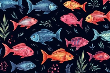 Fototapeta premium Schools of fish with various colors creating an underwater marine background